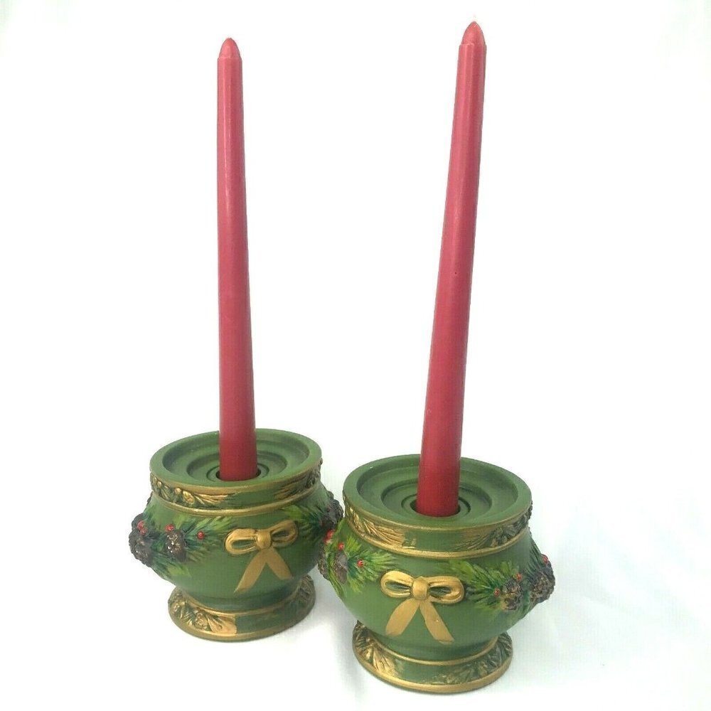 Napcoware Napco Taper Candle Holder Set of 2 Green Vtg MCM Christmas Pinecone